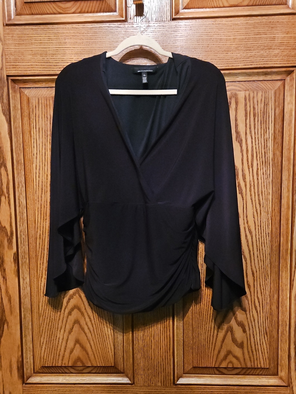 Black Rouched Draped V-Neck Women's Top
